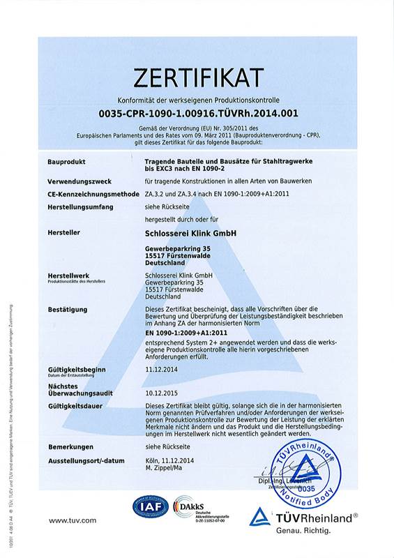 Zertifikat EN 1090-2